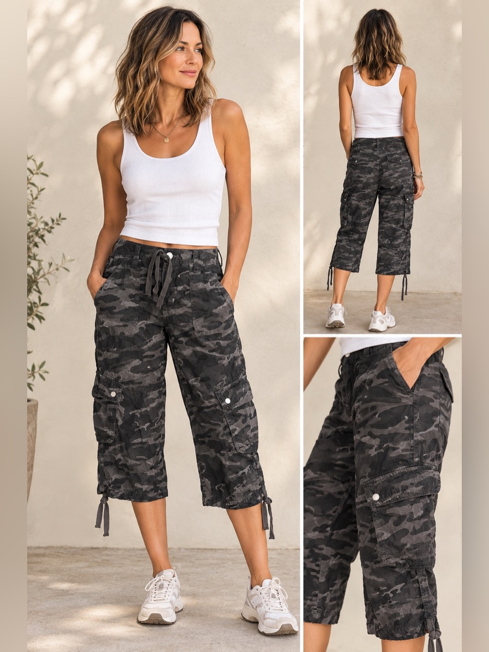 London Jean Grey Camo Cargo Capri Pants 100% Cotton Y2K Utility Cropped 10